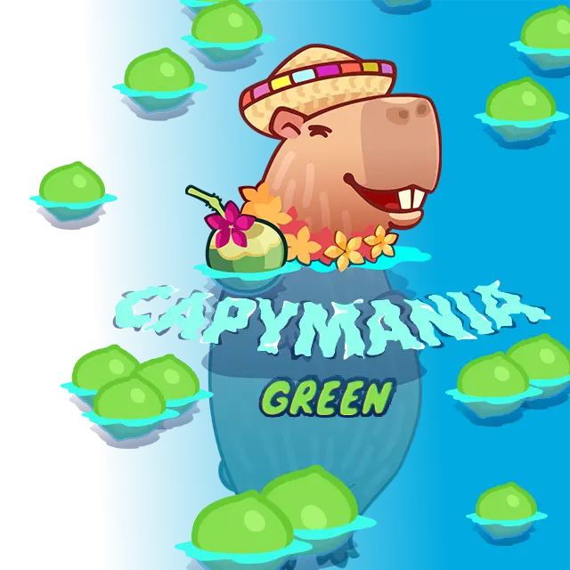 Cover of the game "Capimania Green" on which a happy capybara in a Hawaiian hat rests in water with mangoes