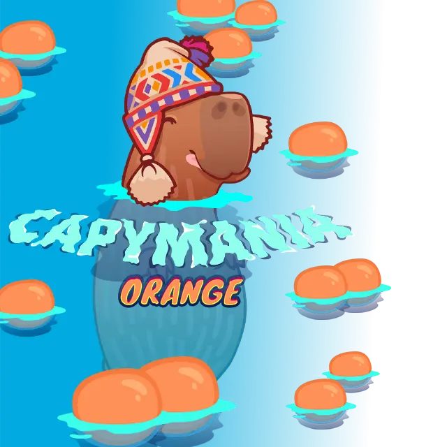 Cover of the game "Capimania Orange" on which a capybara in a knitted hat rests in water with tangerines