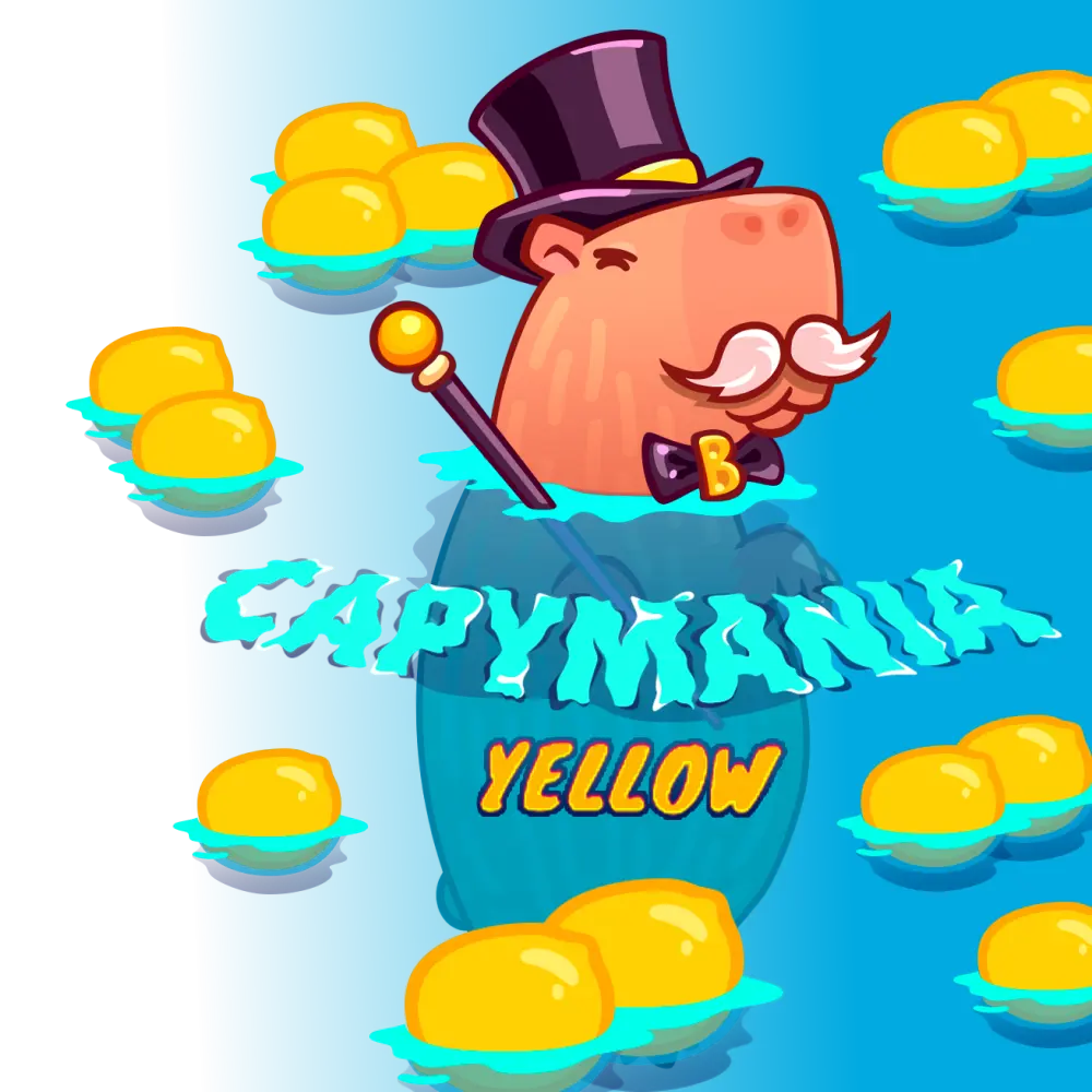 Cover of the game "Capimania Yellow" on which a respectable capybara in a top hat rests in water with lemons