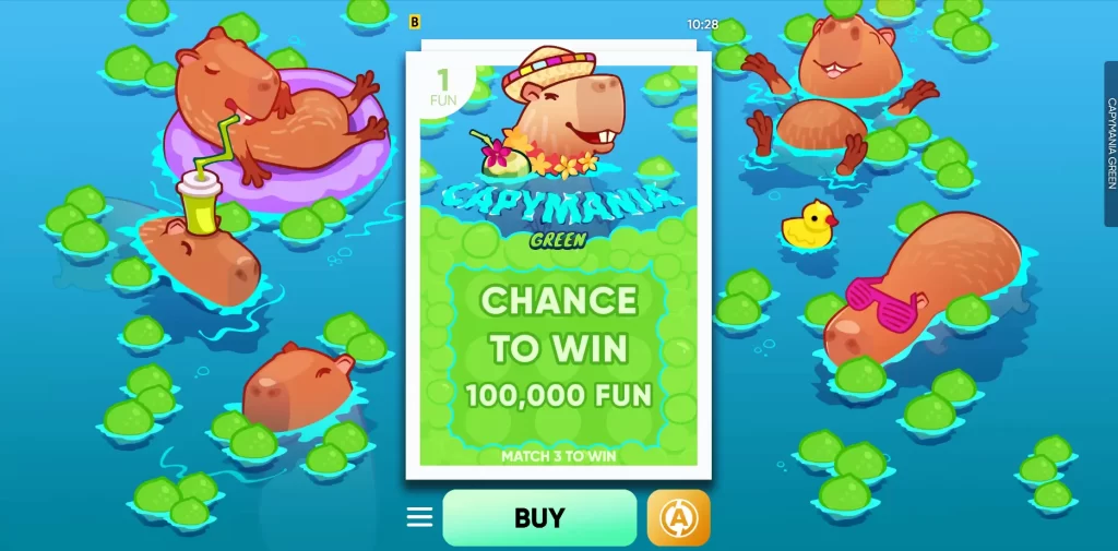 In-game screenshot from the game Capimania Green in which happy capybaras in a Hawaiian hat rest in water with mangoes