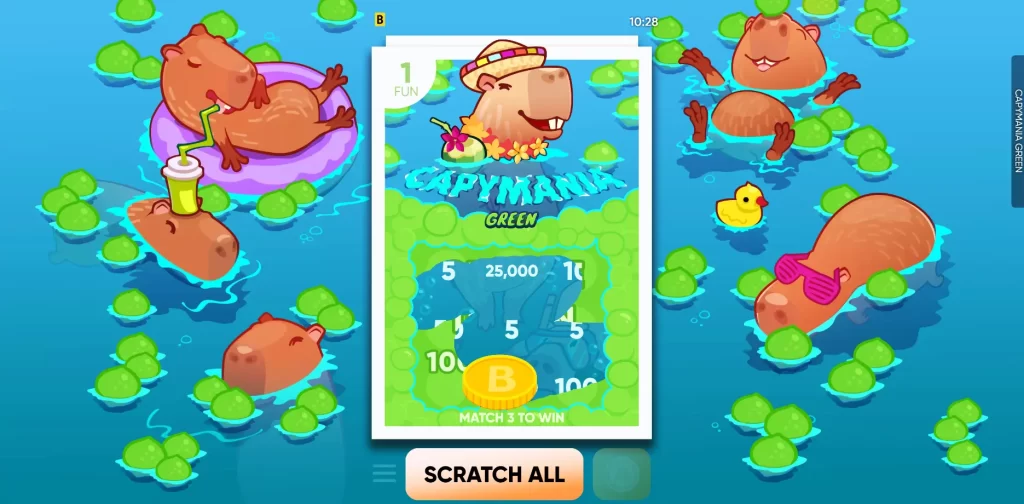 In-game screenshot from the game Capimania Green in which happy capybaras in a Hawaiian hat rest in water with mangoes