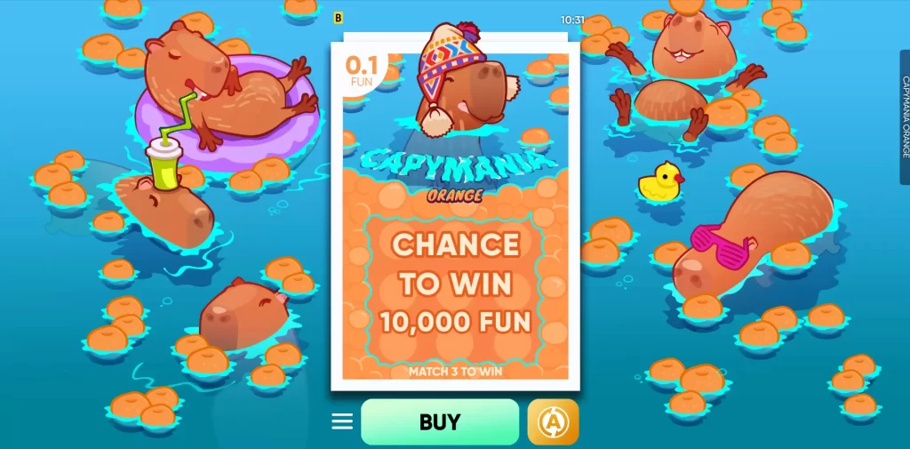 In-game screenshot from the game Capimania Orange in which happy capybaras in knitted hats rest in water with tangerines