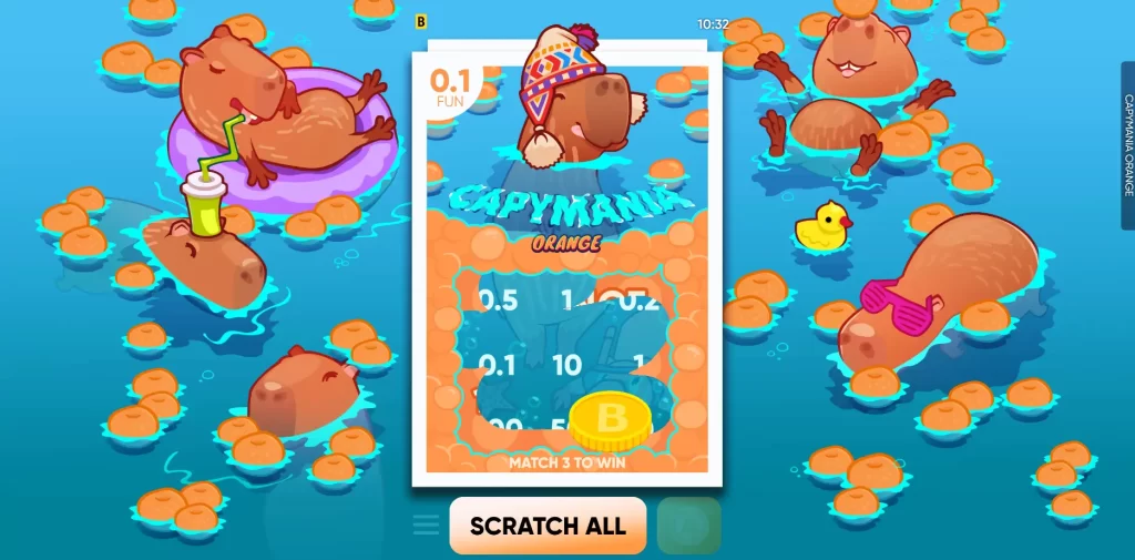 In-game screenshot from the game Capimania Orange in which happy capybaras in knitted hats rest in water with tangerines