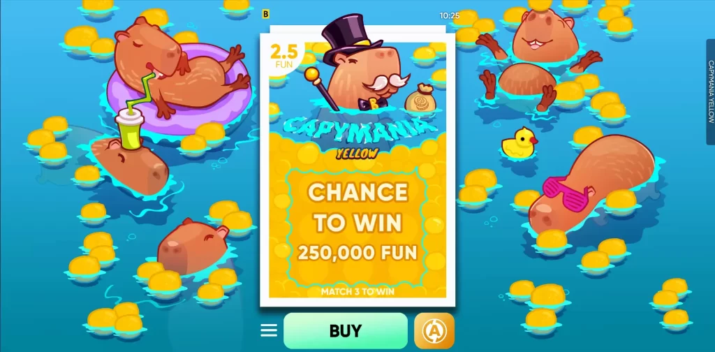 In-game screenshot from the game Capimania Yellow, in which respectable capybaras in top hats rest in water with lemons