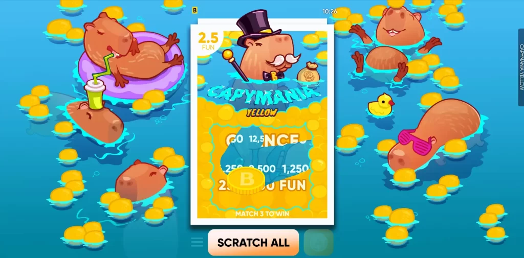 In-game screenshot from the game Capimania Yellow, in which respectable capybaras in top hats rest in water with lemons